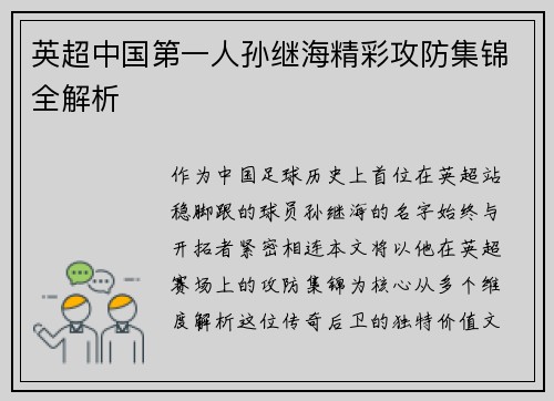 英超中国第一人孙继海精彩攻防集锦全解析