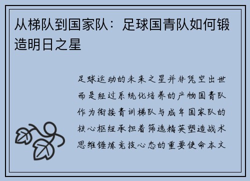 从梯队到国家队：足球国青队如何锻造明日之星